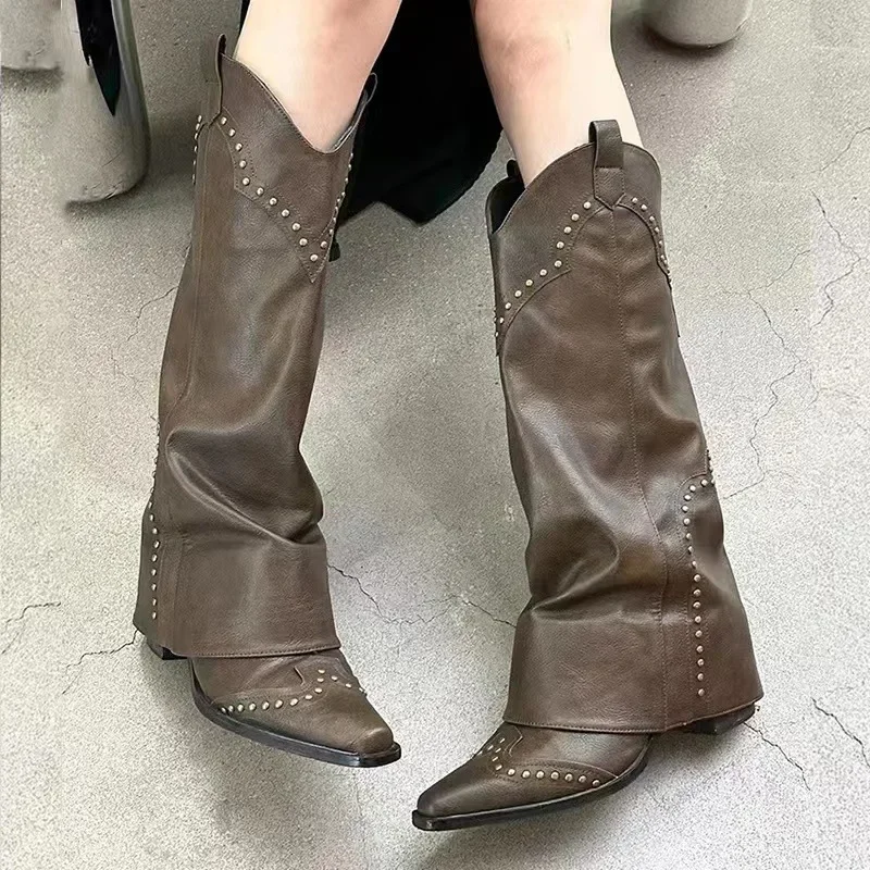 

Stock Retro Pointed Western Boots Women's Summer New Brown Rivet Trouser Sleeve Boots Versatile Thick Heel Boots Trend