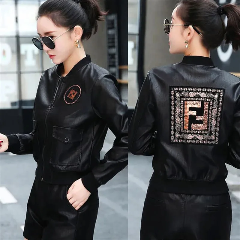 2024 New Black Brown Spring Autumn Jackets Round Neck PU Leather Jacket Single-Breasted Waist Fashion Short Leather Coat Female