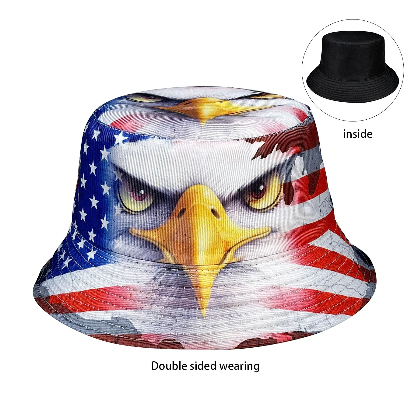 Eagle-Patterned Patriotic American Flag Bucket Hat, Reversible, Anime-Style Bucket Hat, Casual Style, Suitable for Independence Day and Everyday Use, Fashionable Design, Featuring Stars and Stripes.