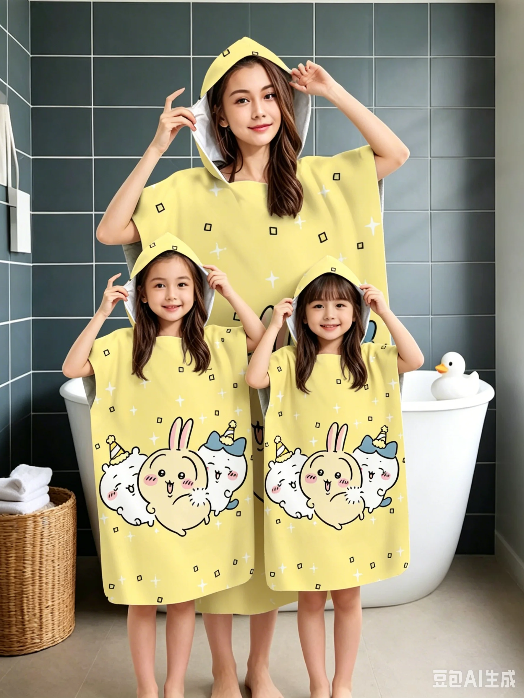 Chiikawa Family Matching Hooded Bathrobe, Cute Cartoon Poncho Towel for Adults & Kids Quick Dry Beach Pool Shower Robe