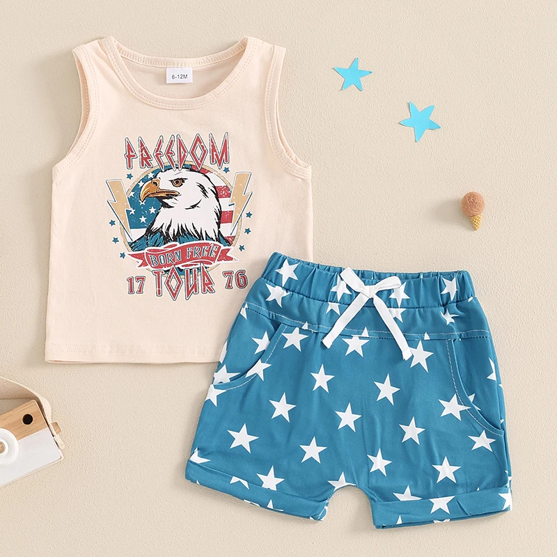 4th of July Baby Boy Outfit Sleeveless Freedom Eagle Hawk USA Tank Top Star Checkerboard Shorts Summer Clothes