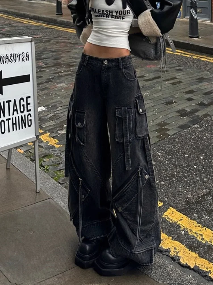 2024 estilo punk y2k streetwear lavado preto baggy carga calças jeans para mulheres roupas de grife perna larga senhora calças ropa mujer