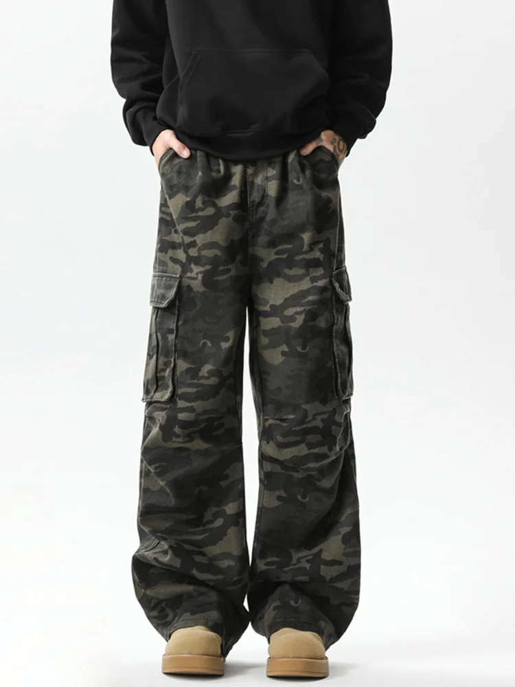 Camouflage Micro Flared Knife Pants For Men's Spring And Autumn American Fashion Brand Loose Floor Mopping Wide Leg Cargo Pants