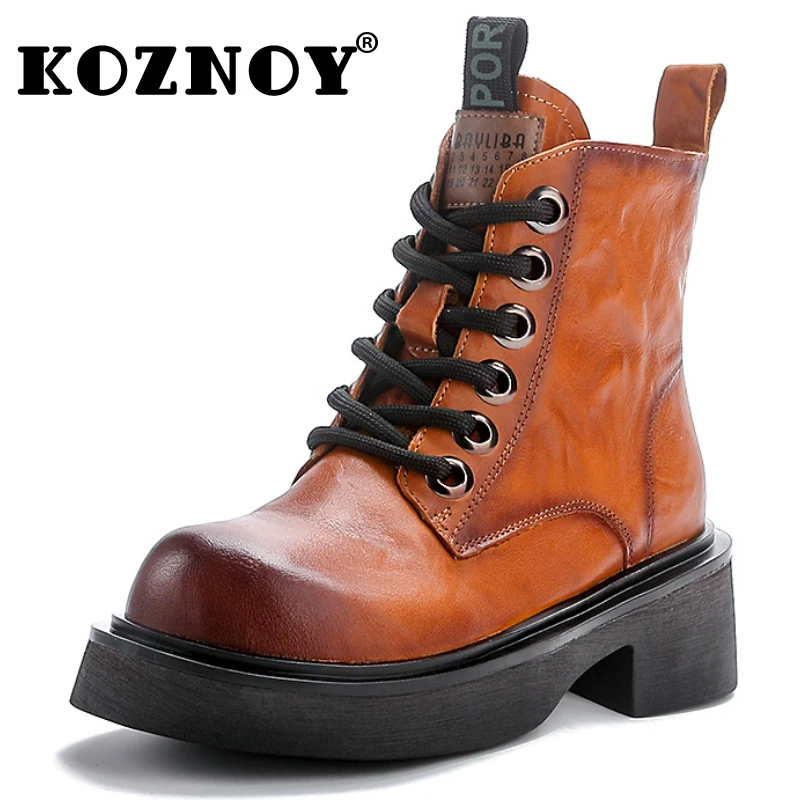 Koznoy 5cm 2024 Retro Natural Genuine Leather Spring Autumn British ZIP Platform Ankle Motorcycle Boots Woman Chunky Heels Shoes