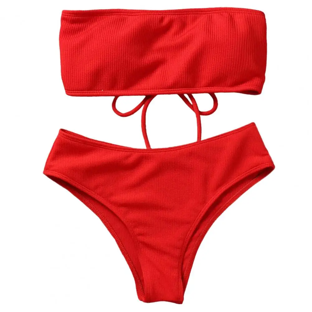 

1 Set Beach Suit with Chest Pad No Underwire Elastic High Waist Bathing Two-piece Set Bandeau Swimming Trunks Split Bikini Set