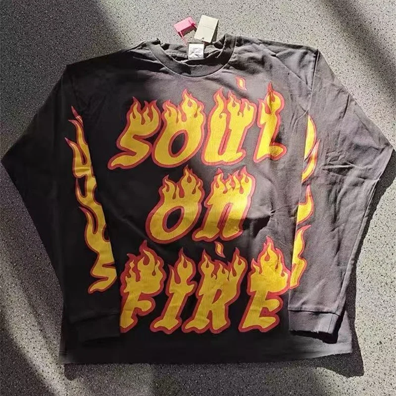 

Черная футболка с длинными рукавами и принтом в стиле ретро, высокоуличная футболка большого размера, 100% хлопок, качество премиум-класса для мужчин и женщин