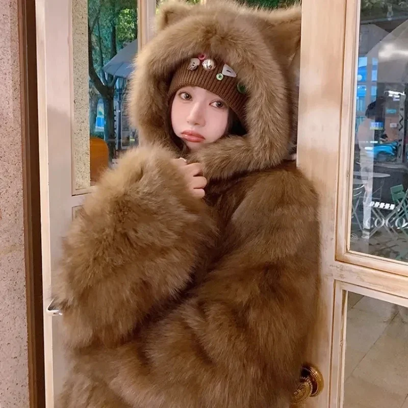 

Winter Faux Fox Fur Jacket for Women Fashion Thick Warm Hooded Casual Coat Y2K Korean Elegant Loose Soft Faux Fur Outerwear Lady