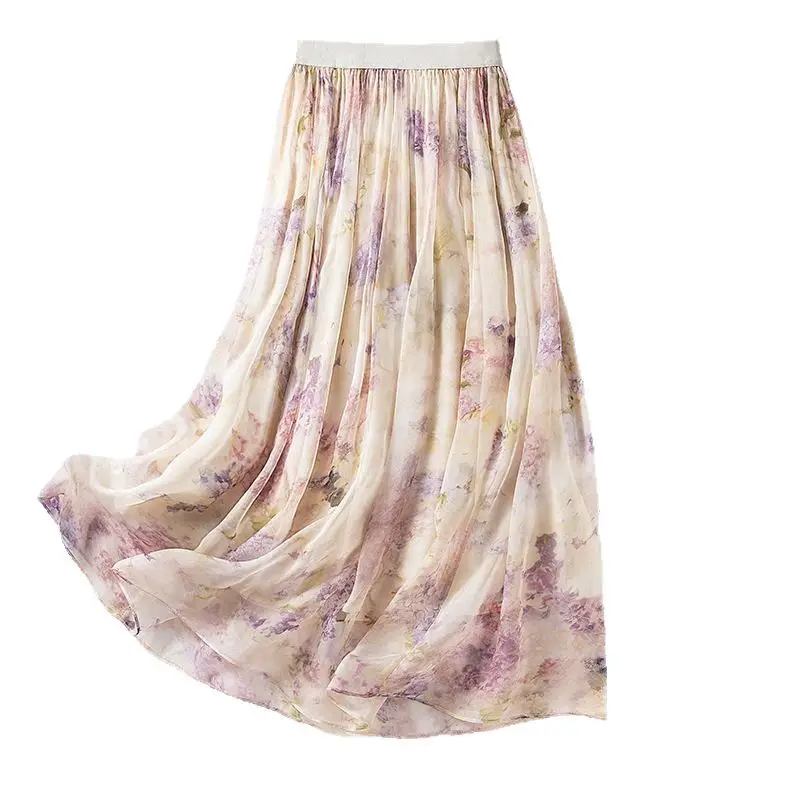 

Женские элегантные юбки из 100% натурального шелка, с эластичным поясом, с принтом, винтажная пляжная юбка А-силуэта, Весна-Лето 2025