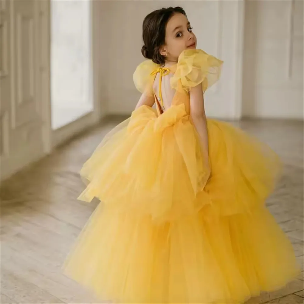 

Yellow Baby Girl Dress Bow Puffy Dresses For Girls High Collar Bow Communion Gown Flower Girl Wedding Dress Kids Party Dresses