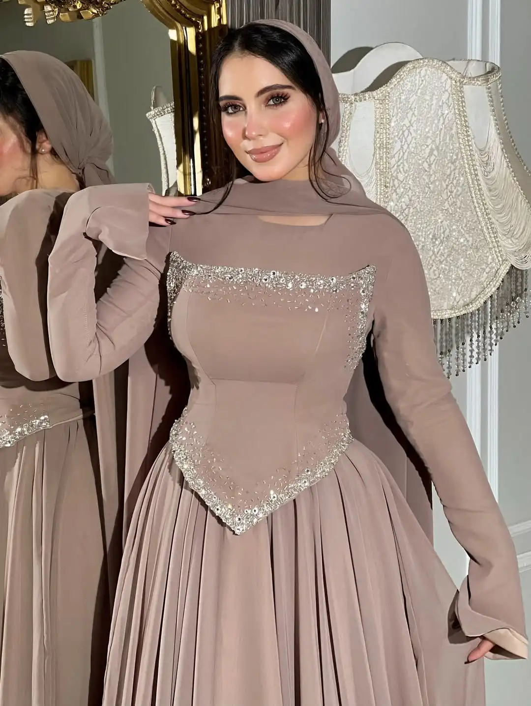 تصميم جديد يا الرقبة الديكور مشد أنيق كامل الأكمام ثنيات ألف خط أزياء ساحرة حفلة موسيقية اللباس الرسمي