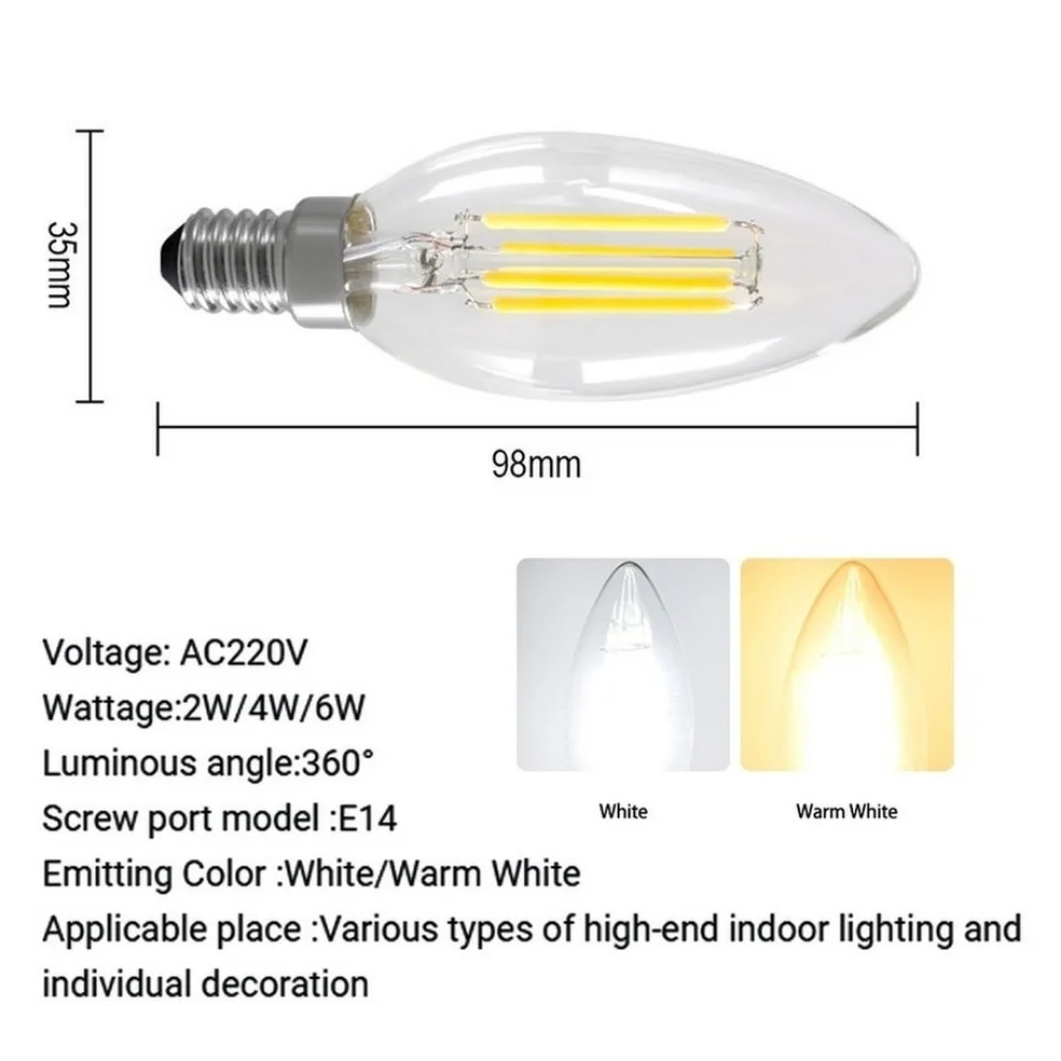 E14 LED Bulb AC220/240V 2W 4W 6W Filament Candle Light C35 Edison Bulb Retro Antique Vintage Style Cold White Warm White