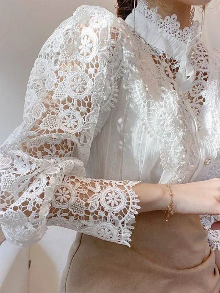 Autumn New Vintage White Lace Blouse Shirts Women 2023 Elegant Button Loose Shirt Tops Female Hollow Casual Ladies Blouses