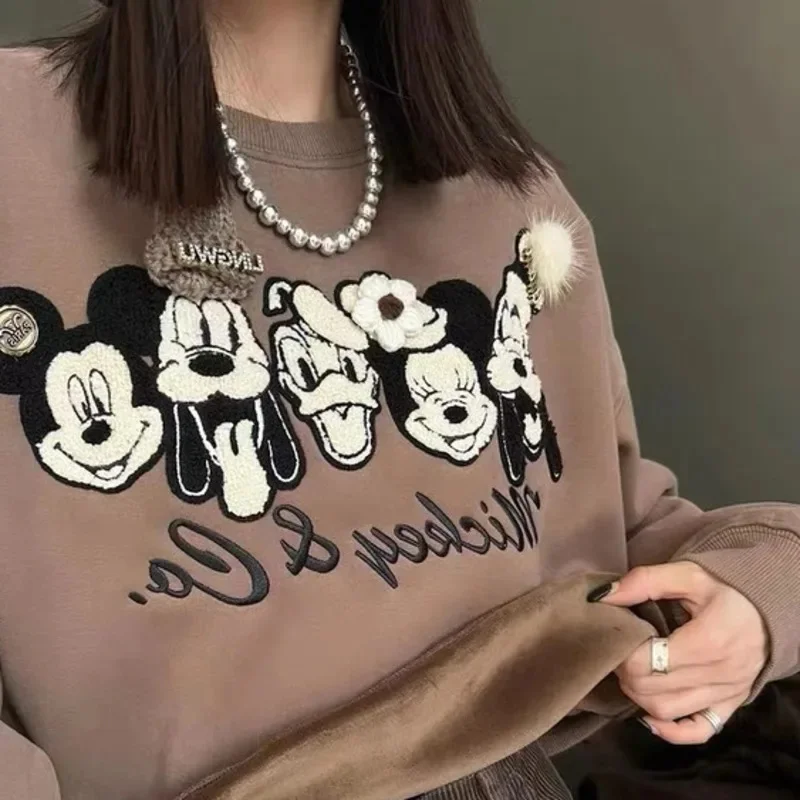 Disney Mickey Plush Sweatshirts Embroidery Anime O-neck Short Pullover Disney Clothes Casual Long Sleeve Sweatshirt For Women