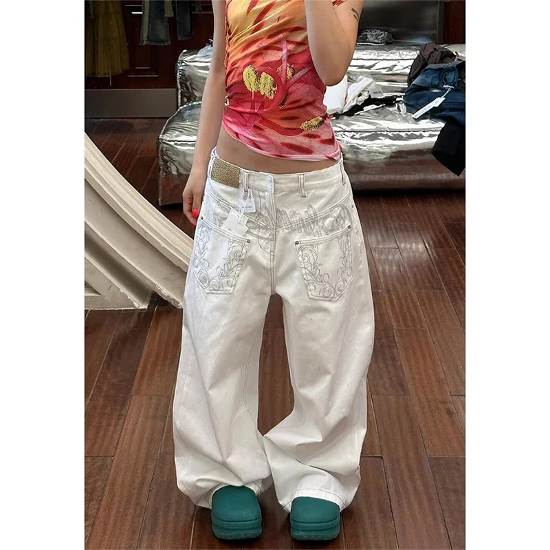 Vintage Borduren Vrouwen Witte Baggy Jeans 2025 Herfst Harajuku Y2k Wijde Pijpen Denim Broek Oversize Broek Jaren 2000 Kleding