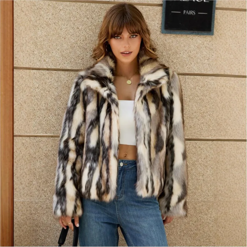 2025 Contrast Fur Coat Coats For Woman Outerwears Furs Fashion Striped Plush Keep Warm Loose Simple Style Temperament Vintage