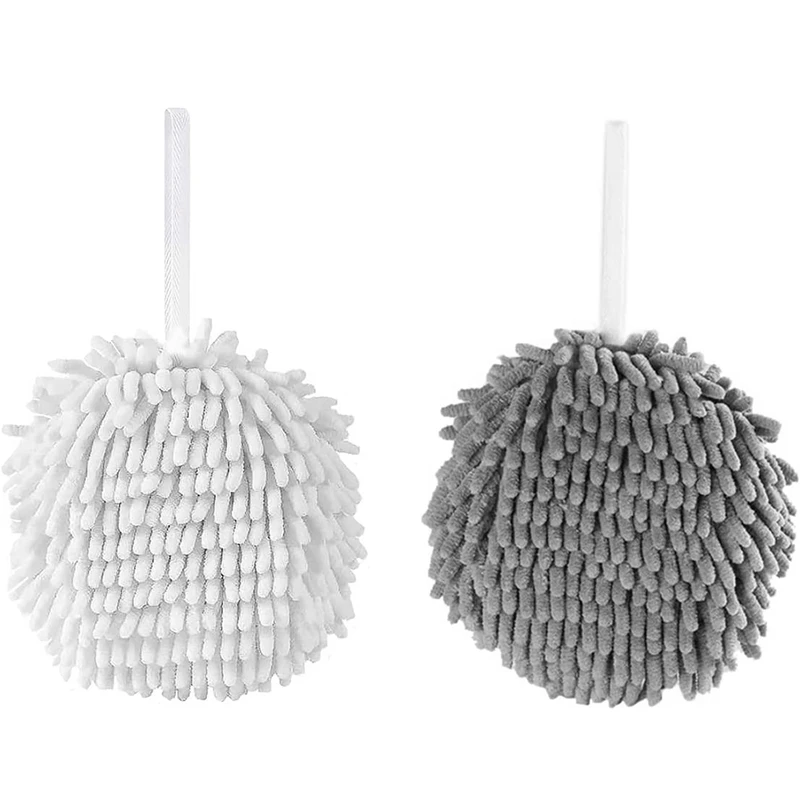 2-Pack Chenille Hanging Hand Towel Ball Microfiber Plush Absorbent Soft Small Bath Towel With Loop