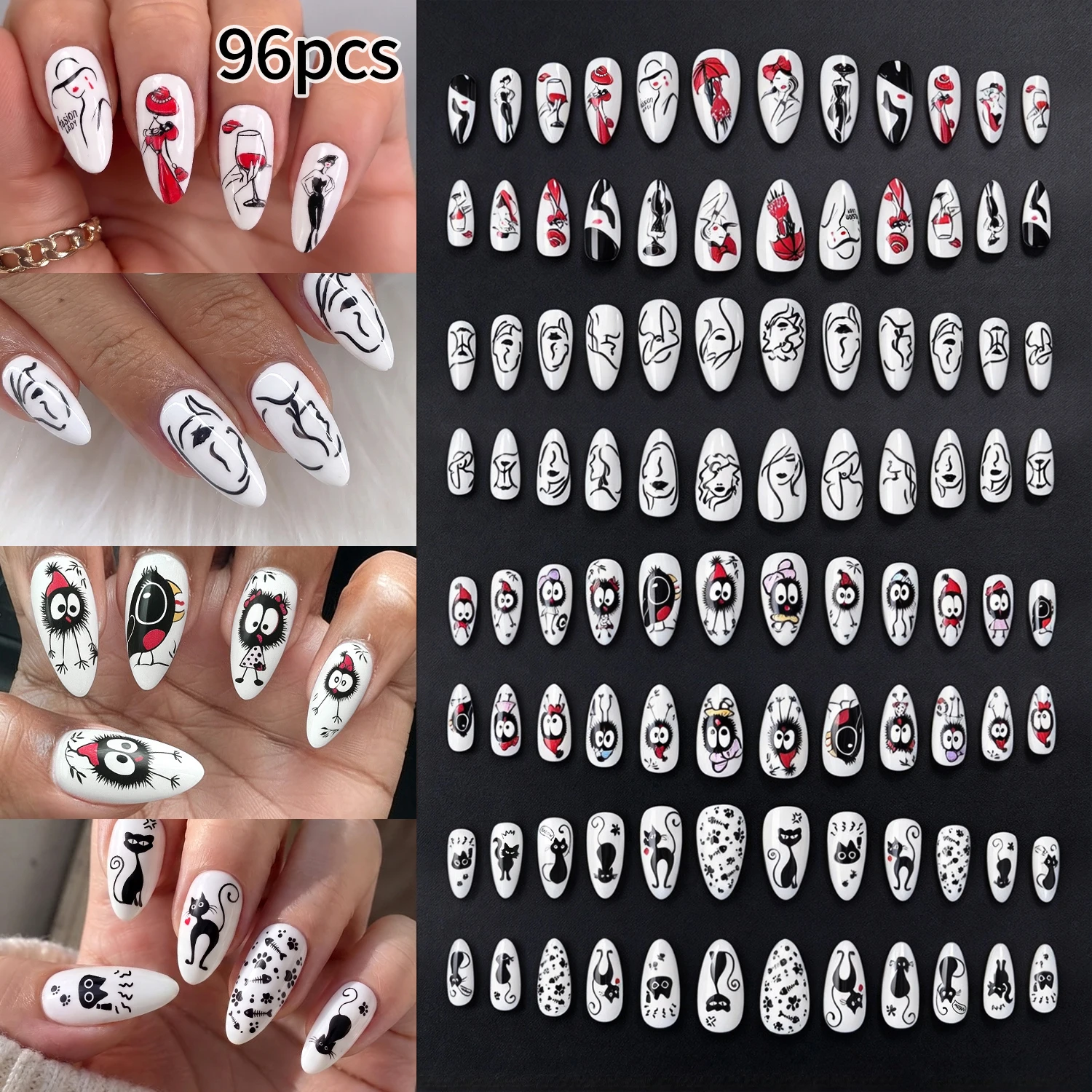1box White Base Cartoon Pattern Almond Press On Nails Black Cat Modern Girl Sprite Fake Nails Funny Abstract Lines False Nails view 2