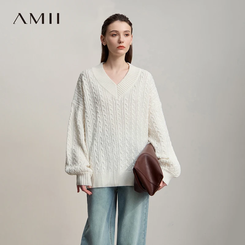 

Amii женский свитер 2025, новый зимний минималистичный однотонный свободный свитер, женский пуловер с v-образным вырезом, топы с длинными рукавами для женщин 12544013