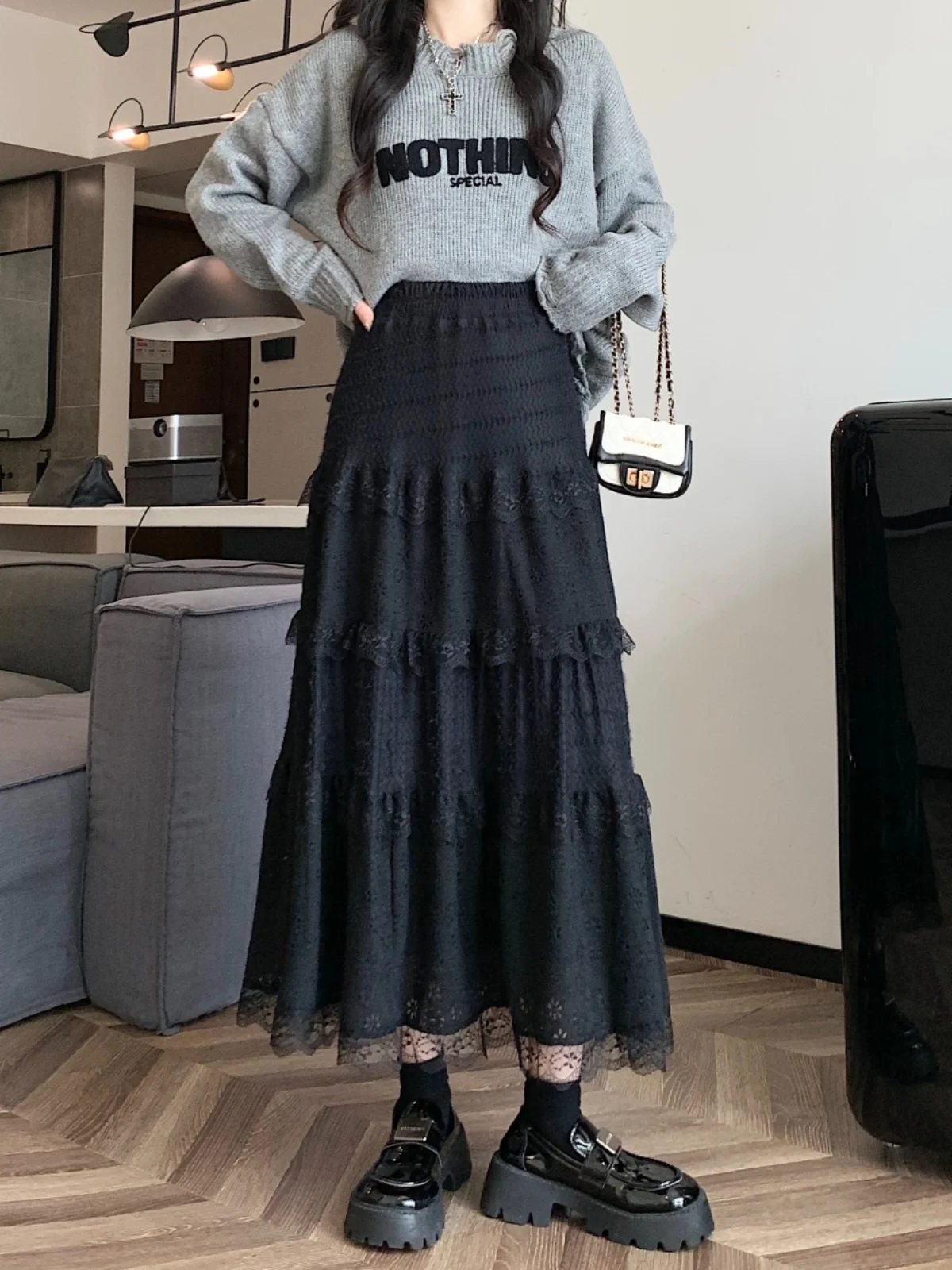 Spring and Summer New Popular Design Versatile Korean Series Sanding Lace Stitching Autumn and Winter Lace Cake Skirt Skirt