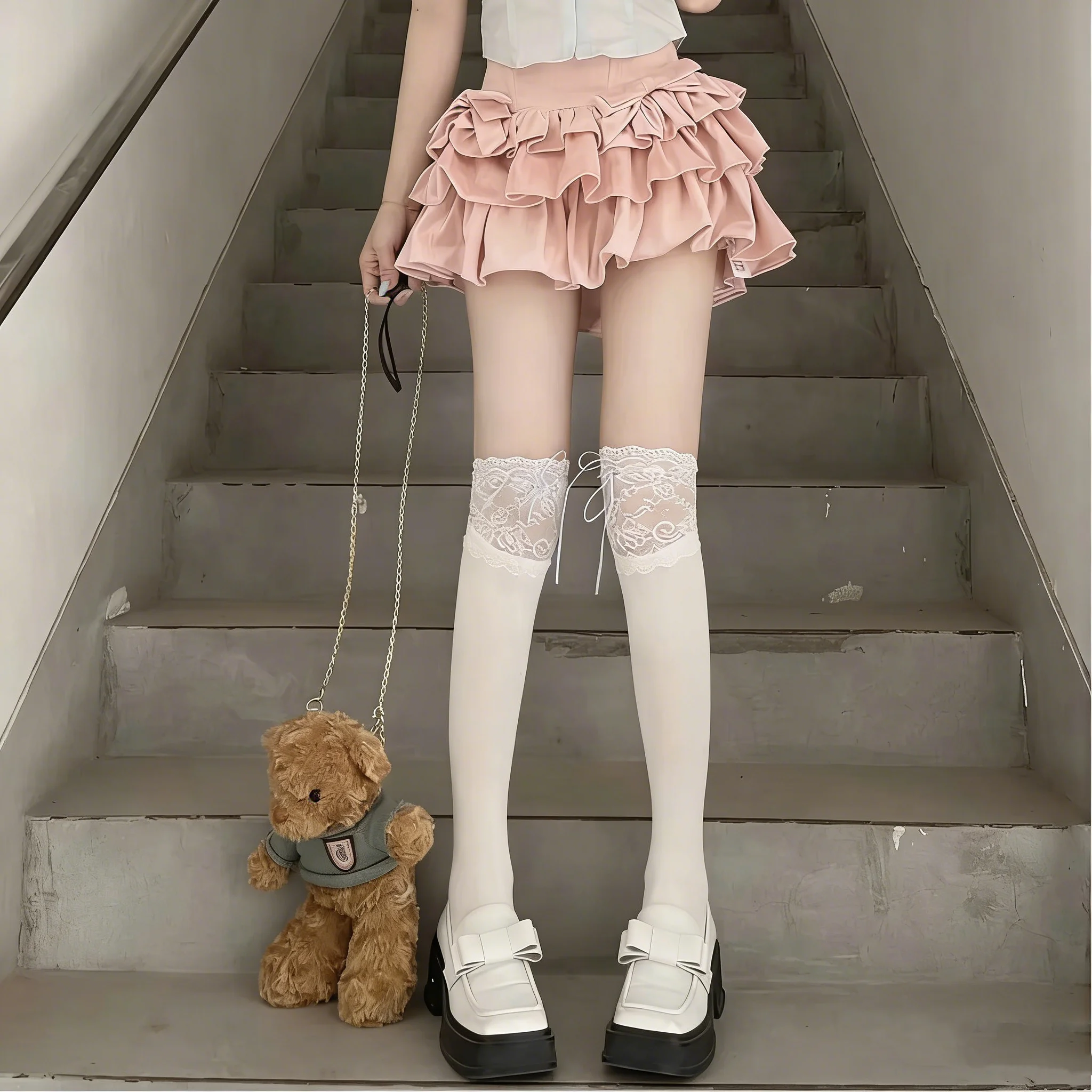 2/1 Paar weiße Spitzen-Overknee-Socken mit Schleifenband aus Samt, Lolita-Stil, süße Wadensocken, Damen-Kawaii-Oberschenkelstrümpfe