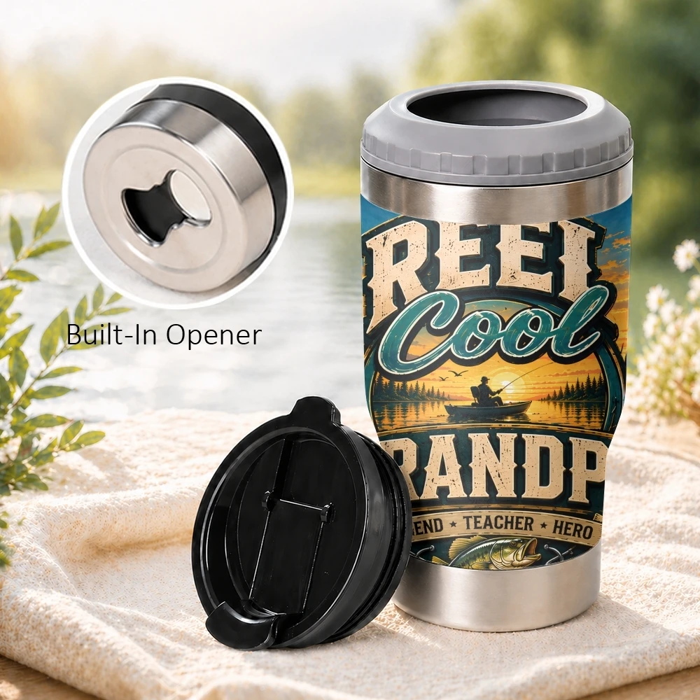 Reel Cool Grandpa Vacuum Flasks 4-in-1 Stainless Steel Can Cooler Insulated Beer Soda Coffee Holder Dual Lids Fits 12oz - view 2