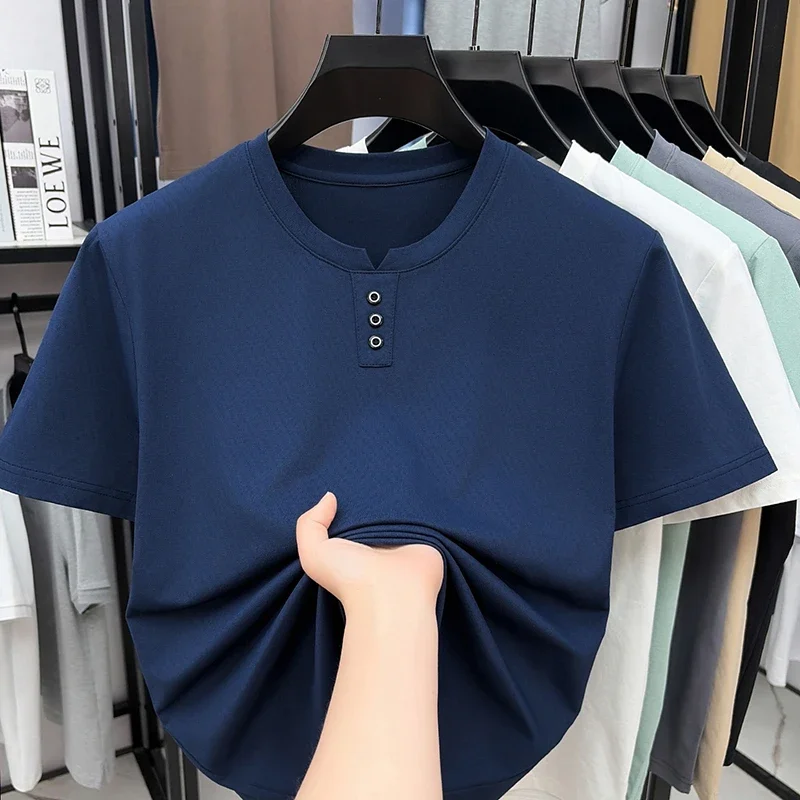 Mens Short Sleeve T Shirt Henley Neck With Three Buttons Casual Tops Breathable Slim Fit Tees For Men Daily Outfits