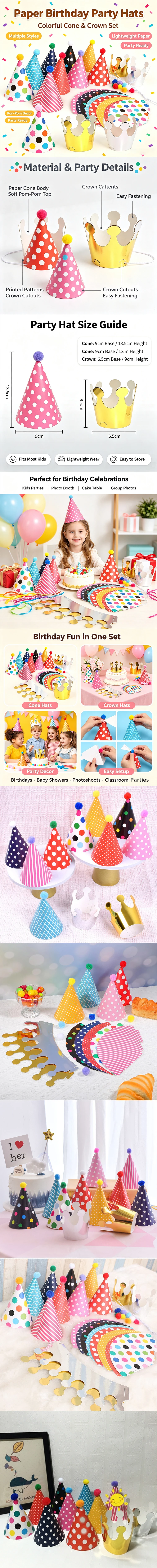 11-teiliges Set Papierhüte Geburtstagsparty-Hüte Gepunktet DIY Handgemacht Kinder-Geburtstagsparty Foto-Requisiten Mit Ball-Kronen-Design PDMZ003 – Detail 1