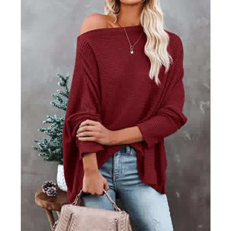 Plus Size Pullover Casual Off Shoulder Waffle Loose Modny Sweter z dzianiny Jesień Zima Codzienne dojazdy do pracy Prosty top