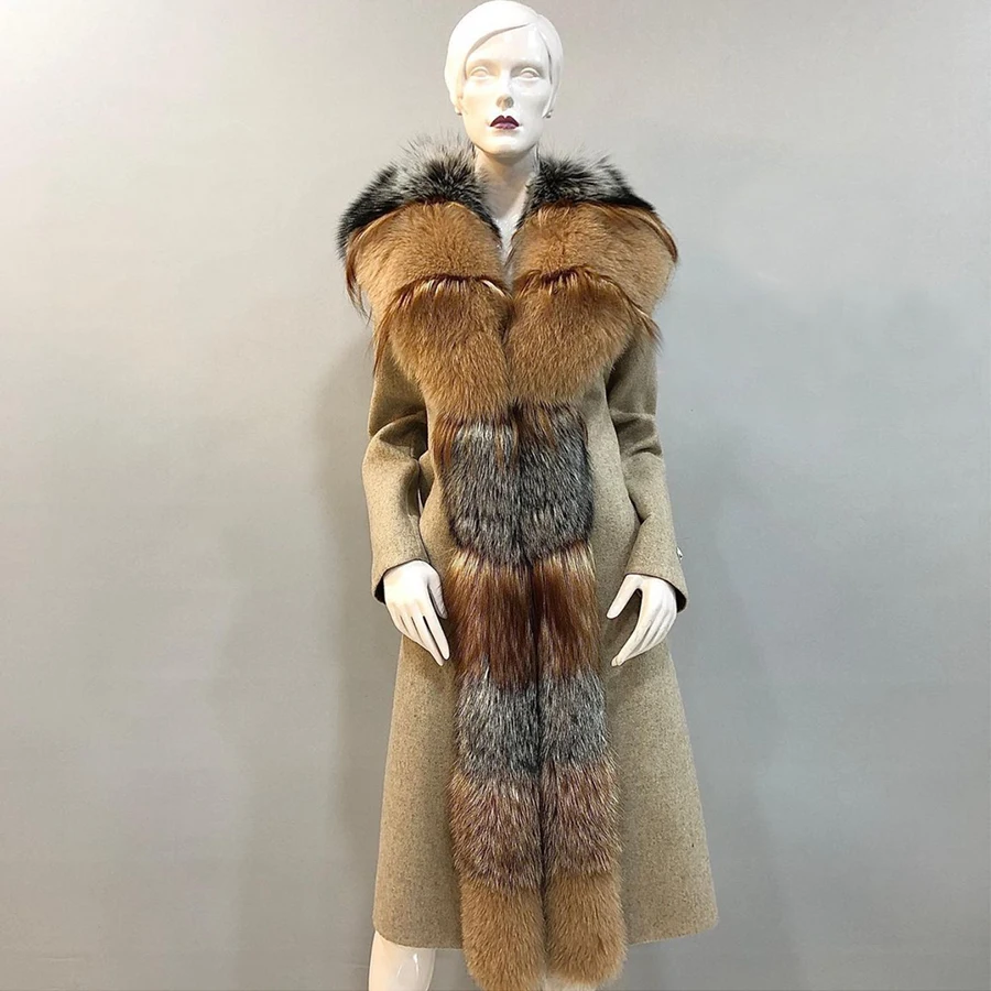 Cashmere Wool Coat With Natural Fox Fur Winter Genuine Fur Jacket For Women Luxury Long Wool Blend Coat