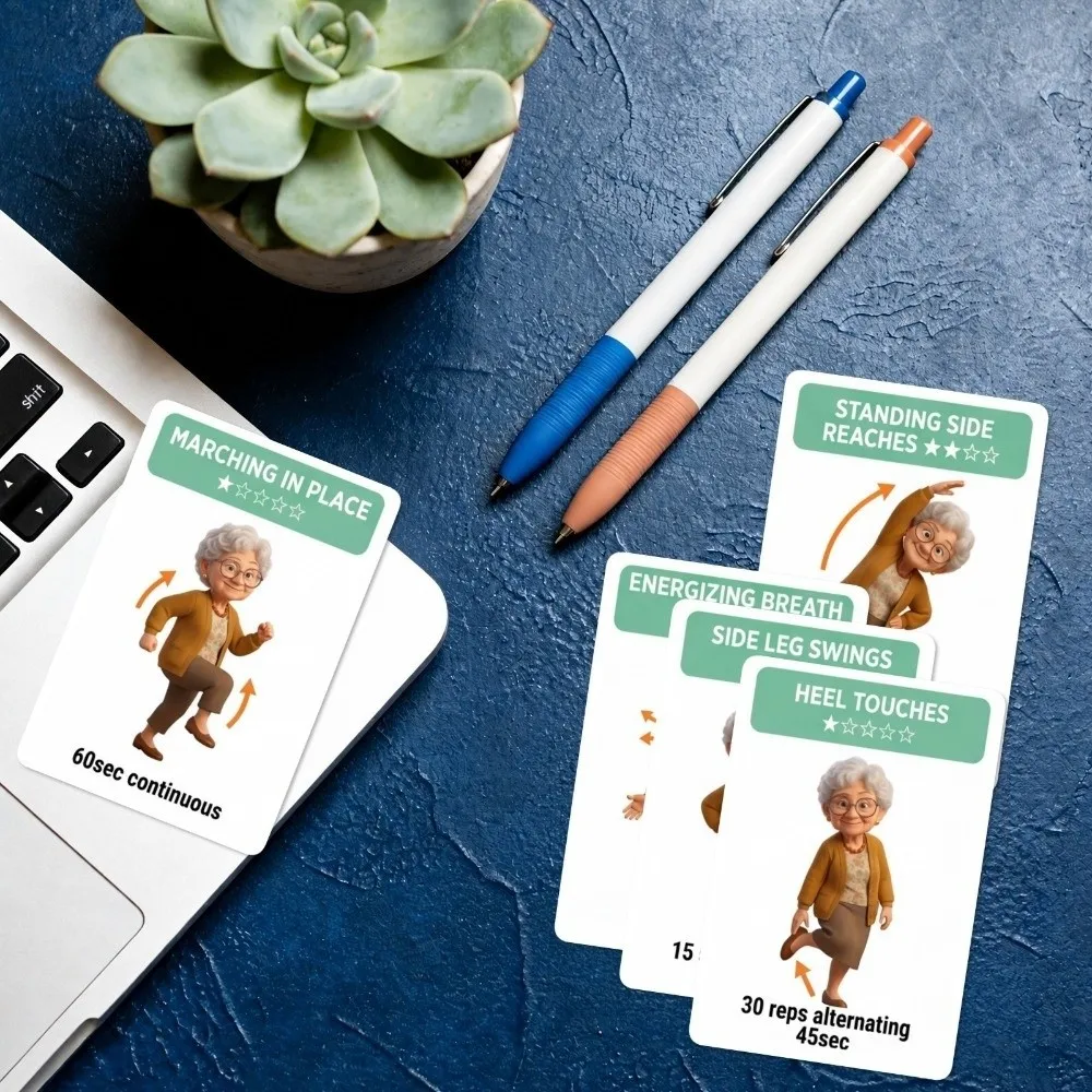 18Pcs Illustrated Step Move Guide Senior Standing Exercise Flashcards Safe Standing Poses Low-Impact Gentle Stretch Cards