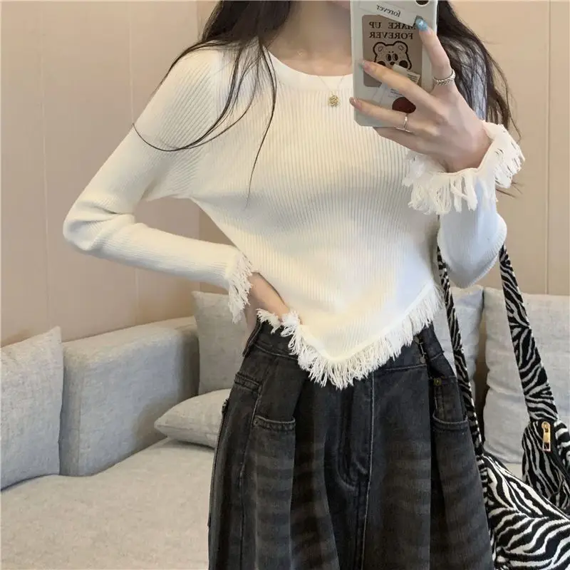 Hdspq White Rough Selvedg Cropped T-Shirts Women Korean Slim Long Sleeve T Shirt Woman Spring Autumn All-Match O-Neck Pullover