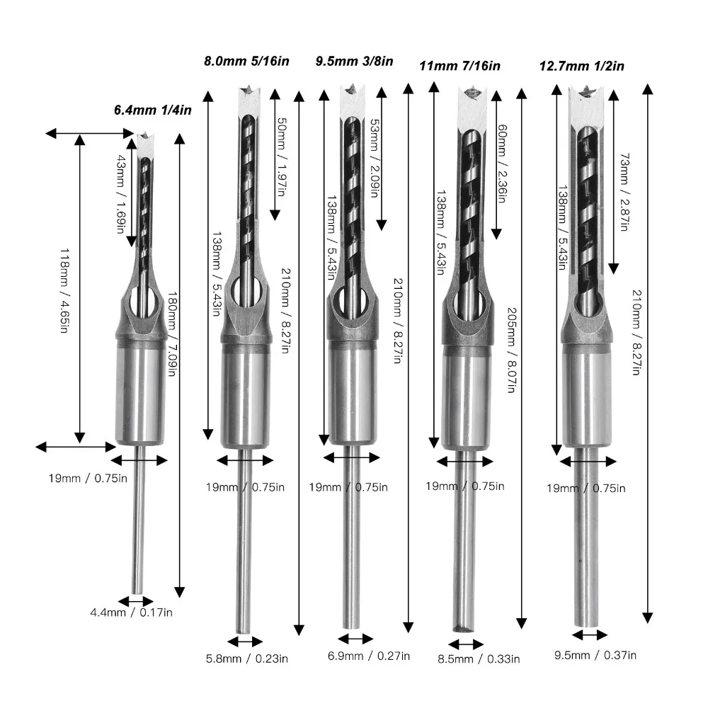 5pcs 1/4-1/2 Inch Sizes Square Hole Drill Bit High Hardness Steel Sharp Cutting Edge Square Countersink Bit Multi-Size Kit