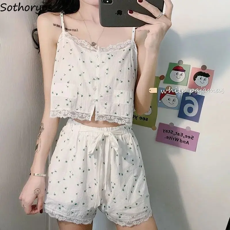 

Pajama Sets Women Sweet Floral Summer Kawaii Schoolgirls Sexy Crop Sleepwear Korean Fashion High Waist Shorts Home Wear 2 Pcs