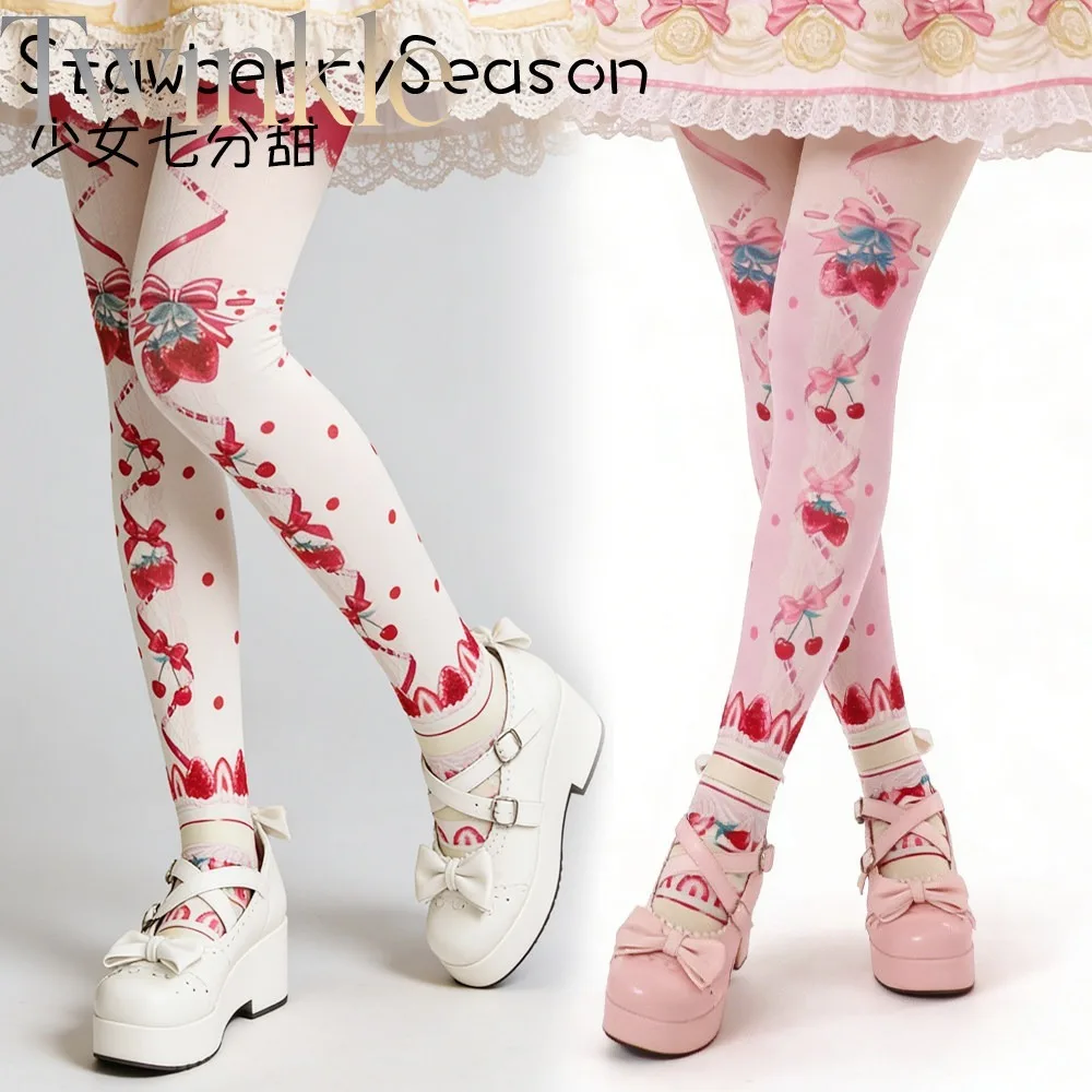 Lolita Velvet Pantyhose Strawberry Cake Printed Tights 60D Sweet Kawaii Y2K Girl Women Spring Autumn Long Socks Hosiery