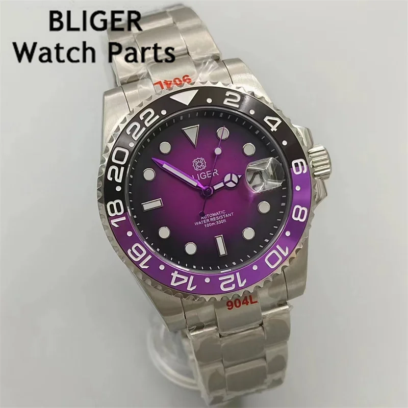 BLIGER Men Watch 40mm Diver NH35 Automatic Mechanical Wristwatch Luminous Black&Purple Luminous Bezel Sapphire Glass Waterproof