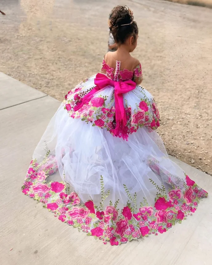 Роскошные мини-платья Quinceanera, маленькая принцесса, Цветочное платье для девочки, Цветочная аппликация с бантом, 2025, платья для празднования свадьбы