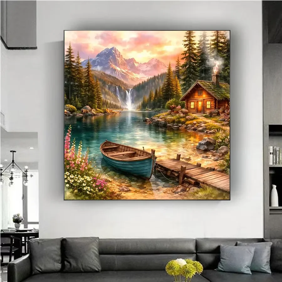 Lake Boat Diamond Painting Mountain Tree Landscape Diamond Embroidery Rural Cottage Smoke From Cooking 5D Diamond Mosaic
