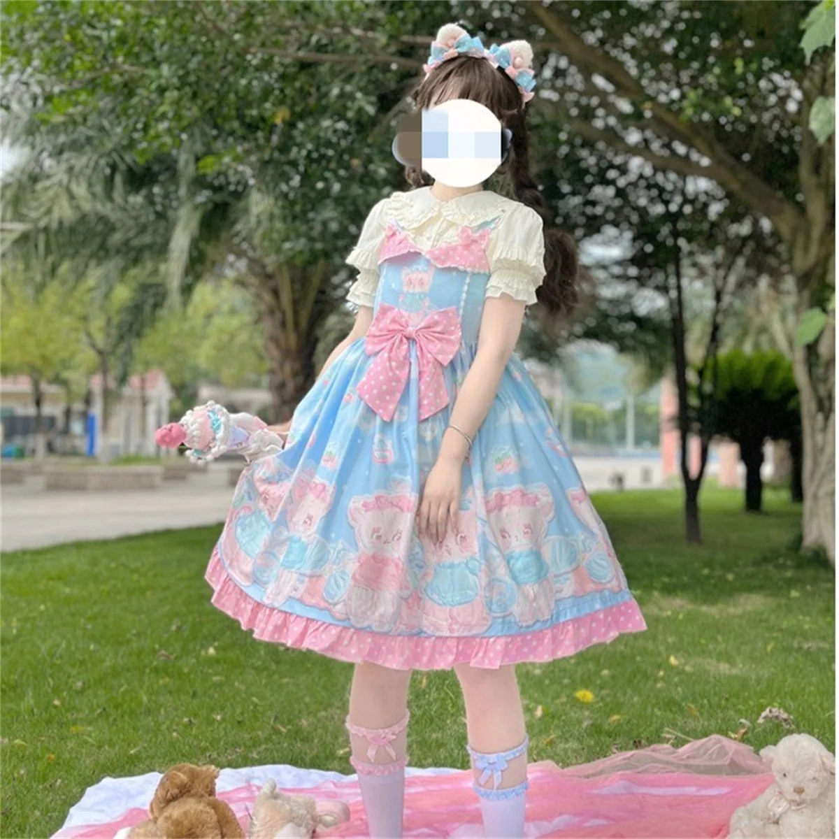 Japanese Cute Loretta Cosplay Kawaii Laurie Sweet Candy  Girls  Jsk  Printed Bear  Flounces  Polka  Dot  Bow Halter  Dress