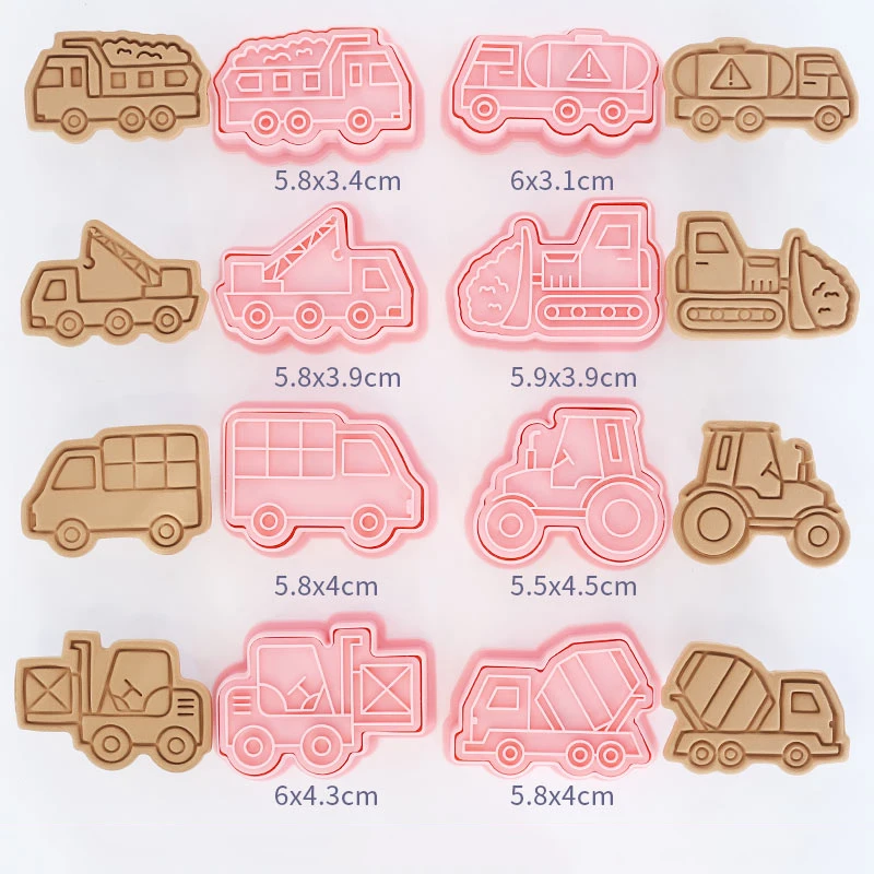 8 Pcs/set Engineering Truck Cookie Cutters Plastic 3D Cartoon Pressable Biscuit Mold Cookie Stamp Kitchen Baking Pastry Bakeware