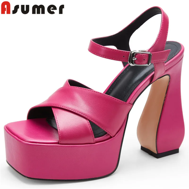 

ASUMER 2022 New Solid Strange Style High Heels Shoes Genuine Leather Platform Sandals Women Buckle Ladies Summer Dress Shoes