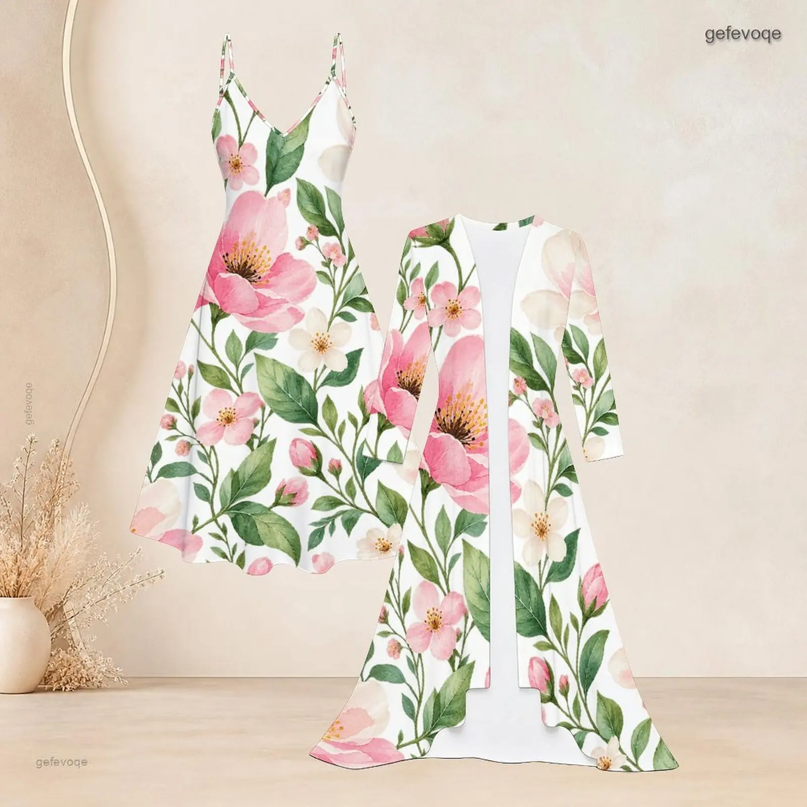 Women Printed Pink Floral Green Leaf Two Piece Set, Spaghetti Strap V Neck Dress + 3/4 Sleeve Long Open Front Cardigan