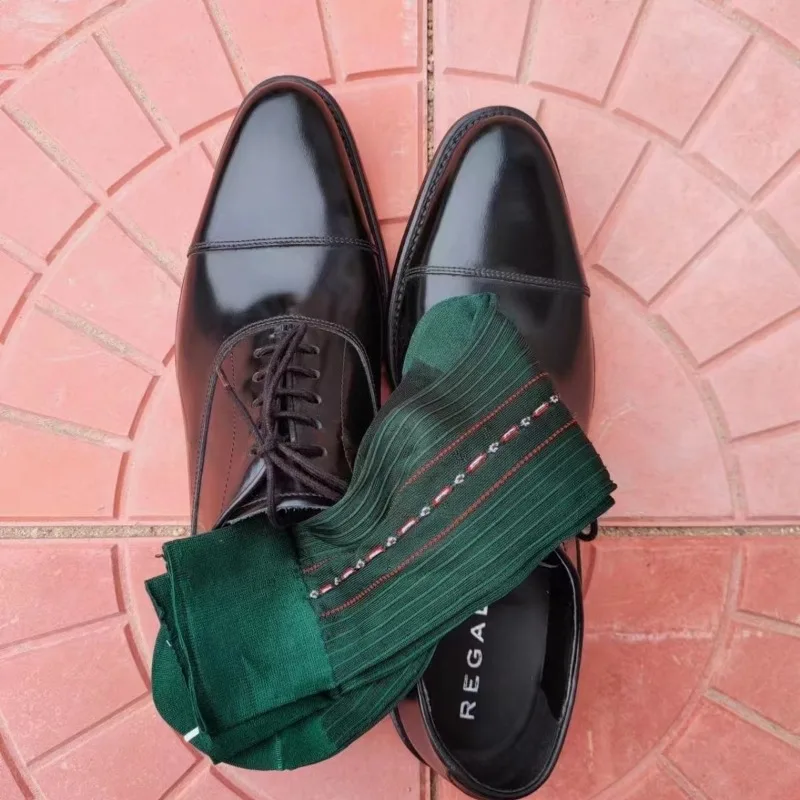 Men's Dark Green Business Socks High Quality Retro Jacquard Sheer Striped Thin Mid Calf Socks Man Nylon Suit Socks for Office