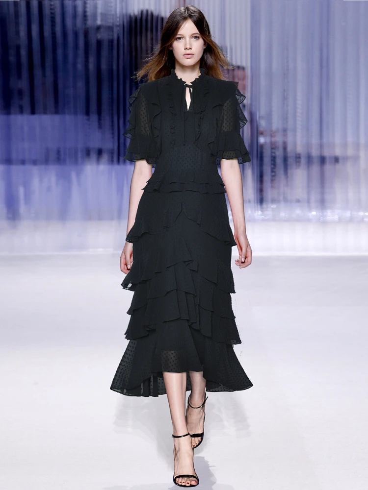 2025 departamento de verão led manga curta cintura apertada babados elegante bainha grande em camadas moda feminina preto vestidos de bolo longo