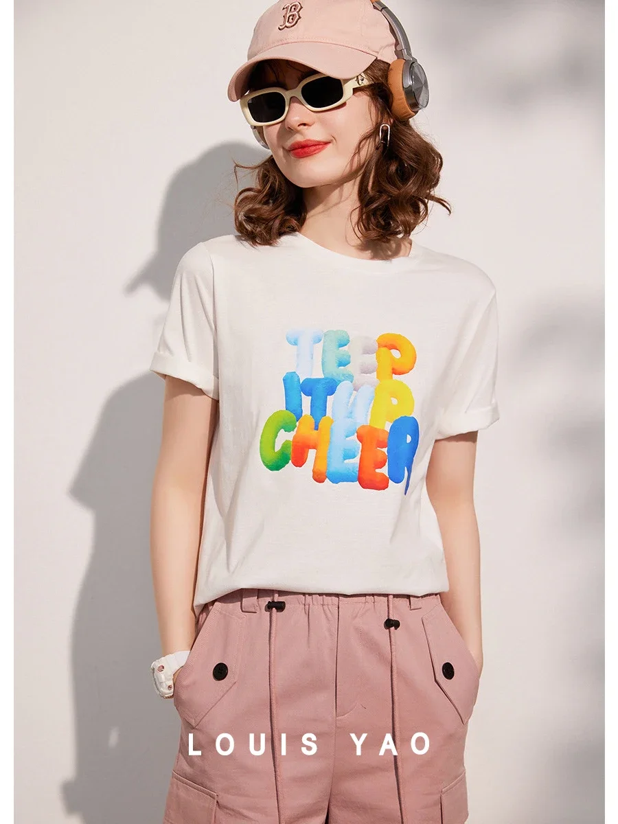 LOUIS YAO Women T-shirt 2024 Summer Top 100% Cotton Print Letter Pullover Tee Round Neck Short Sleeve Loose Fit Women's Top