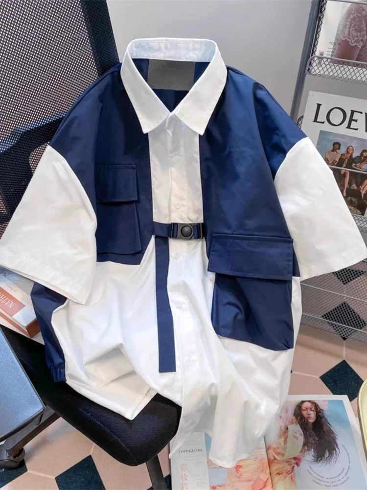 

Женские лоскутные рубашки оверсайз, блузки Y2k, японская уличная мода 90-х годов, винтажная рубашка-поло с короткими рукавами в стиле Харадзюку 2000-х годов, одежда