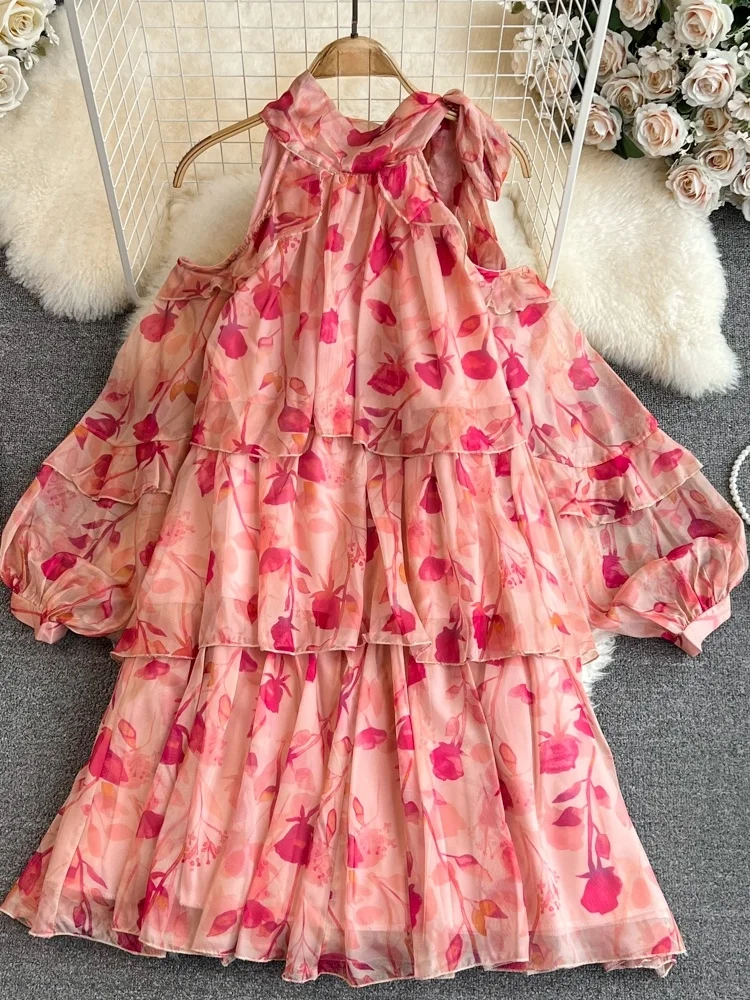 Vestido de chiffon com decote doce, ombro à mostra, praia, férias, linha a, estampa floral, maxi estilo coreano, manga cri...