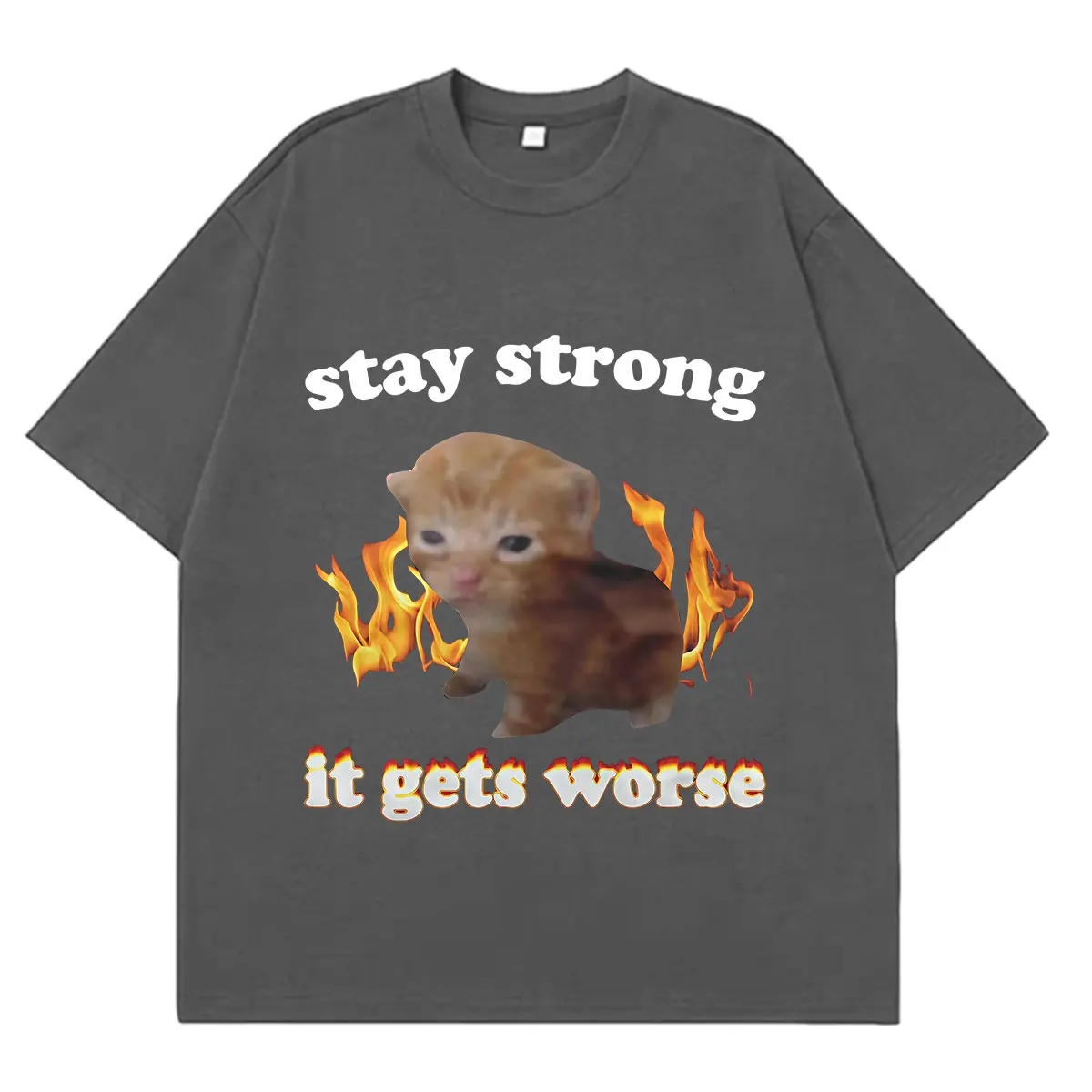 Stay Strong It Gets Worse Funny Cat Meme T-shirt Men Women Hip Hop Vintage T Shirt Summer Short-sleeved Loose Cotton T-shirts