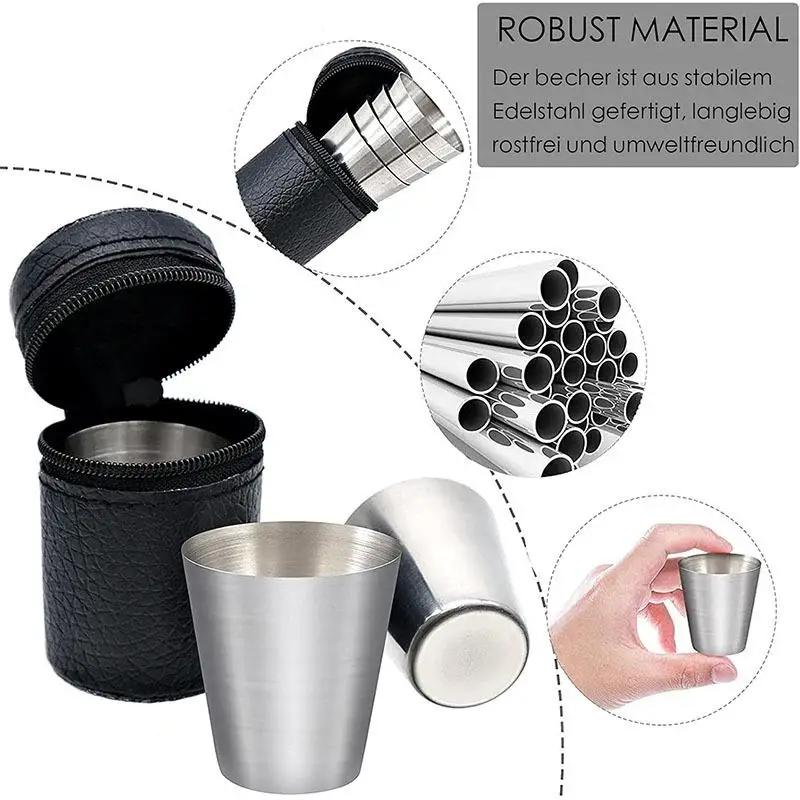 Mini Stainless Steel Drinking Cups Set 4Pcs 30ML with Leather Case Portable for Outdoor Hiking Picnic
