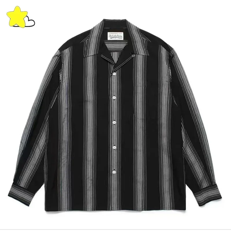 25SS Полосатая рубашка для мужчин и женщин, повседневная модная свободная черная, белая, коричневая, WACKO MARIA, рубашка с длинными рукавами, гавайский топ с бирками
