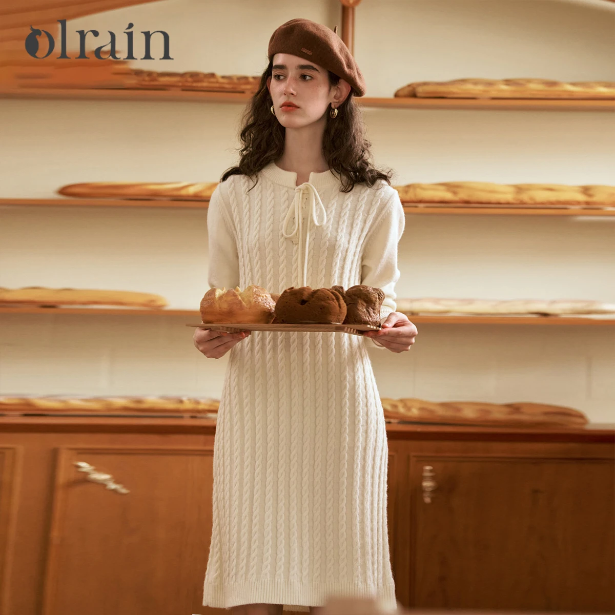 

OLrain Women's French Style Knit Dress 2025 Autumn Lace-up Collar Twist Front Chic Elegant Dress Stretchy Knitwear O56DL86558